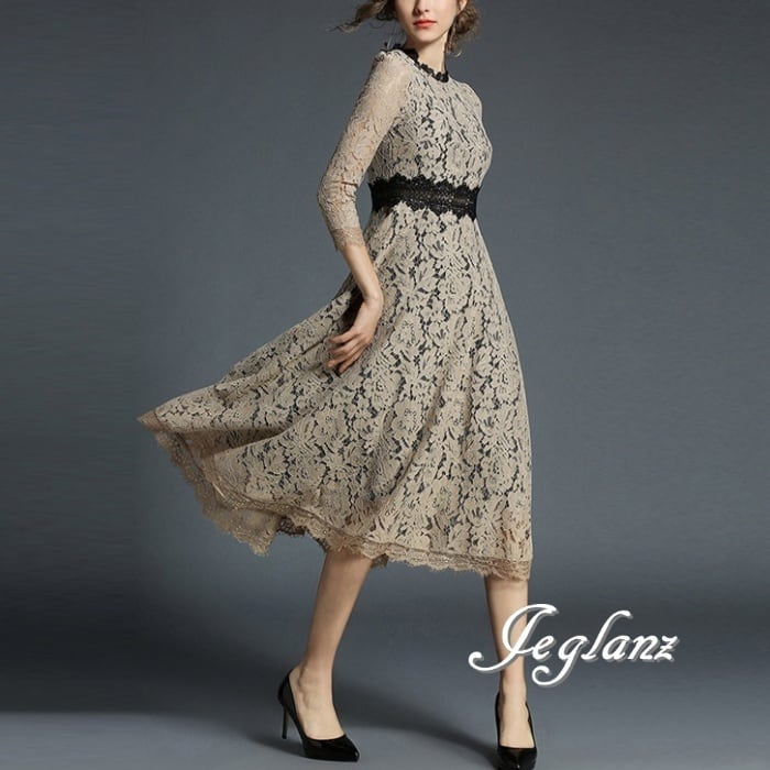 2色 パーティ ドレス 総レース ワンピース 花柄 肌透け 高見え エターナル 7分袖 (M1496)ζ