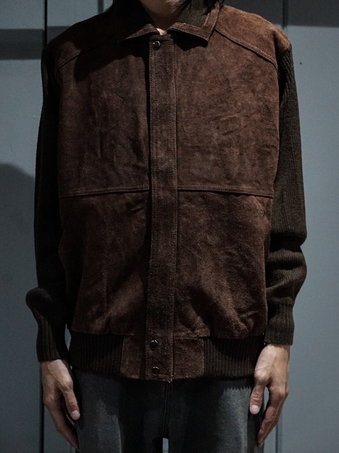 add (C) vintage】Knit × Suede Switching Design Zip Up Knit Jacket 