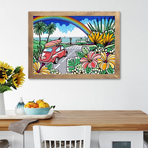 【原画】Wood Panel B2 Size（江ノ電とビートル）with Frame