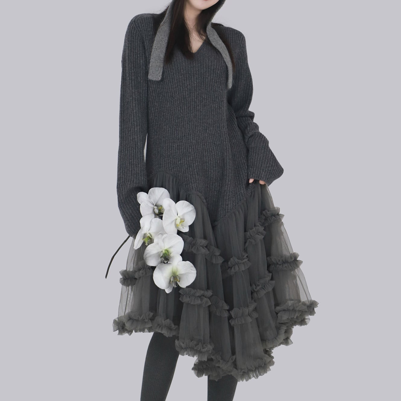 V-Neck Wool Knit Asymmetrical Mesh Dress*S-83