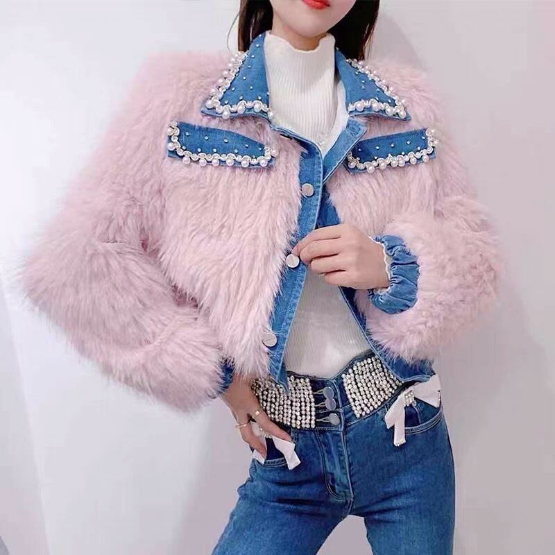 【2カラー 】白　ピンク　ジャケット　デニム　コート　アウター　ファー　襟　パール　ラインストーン