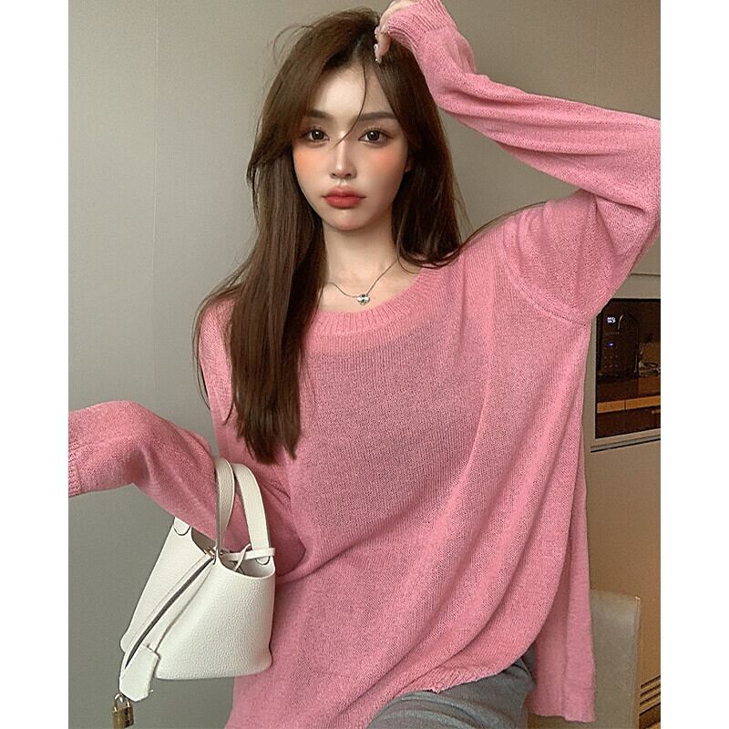 薄手ルーズニットセーター レディースオータムカジュアルプルオーバー シャツ ロング 秋物 ガールズファッション80412151935