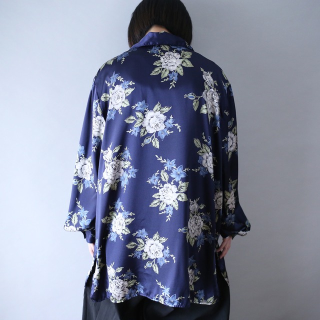 beautiful blue flower pattern over silhouette gloss fabric shirt