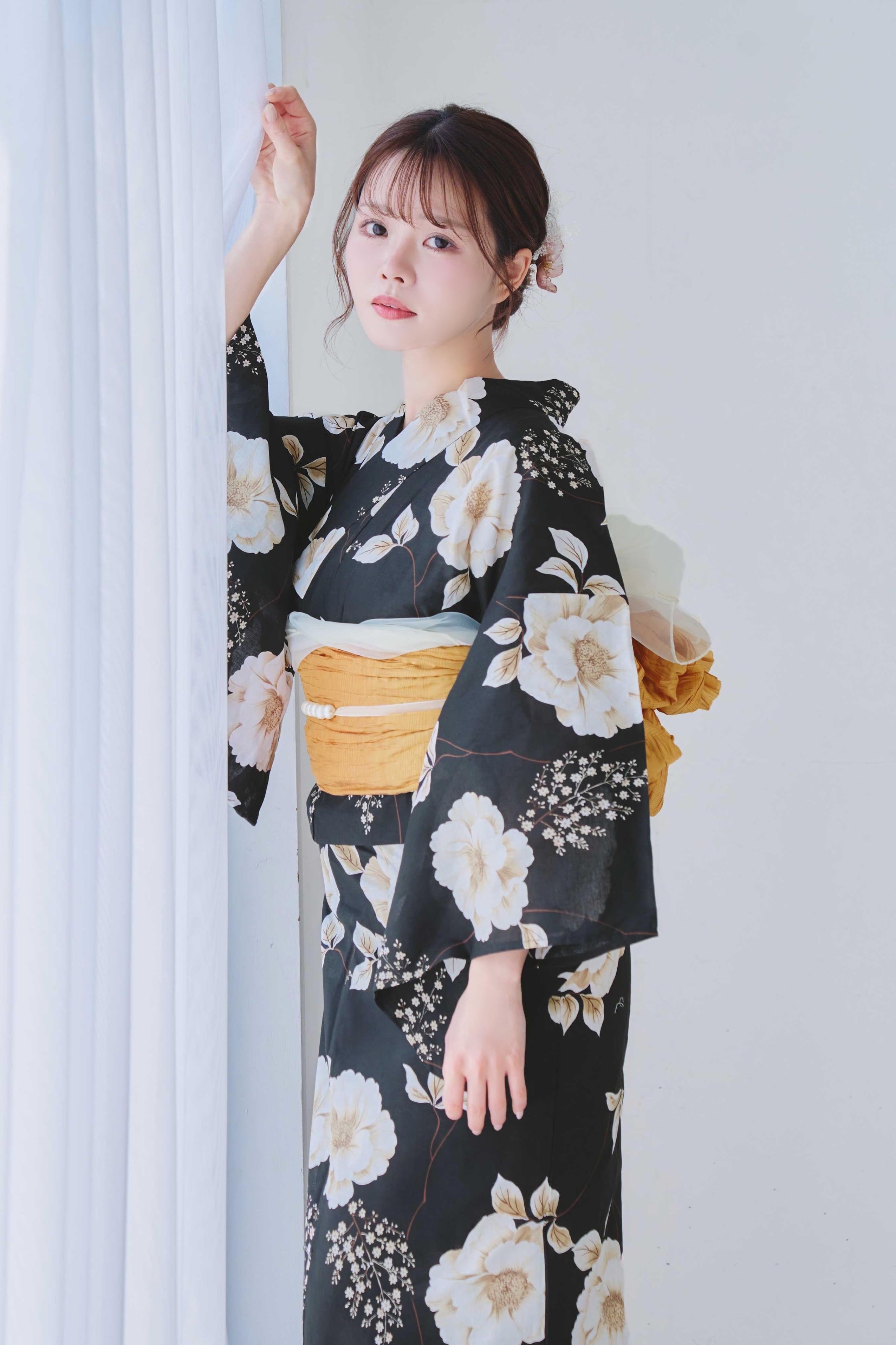 大人の二部式浴衣花柄黒地白黄色夏物セパレート浴衣洗える着物ブラック＋兵児帯セット 二部式浴衣】セパレート浴衣3点set幻想夜の花うつつ(黒地) Y6-11②