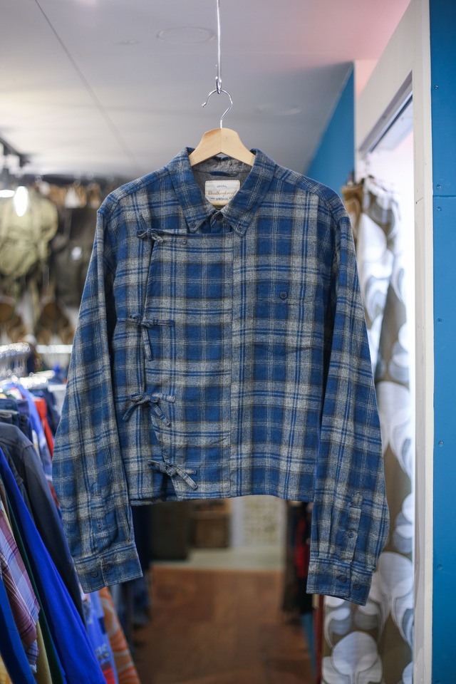 “Asymmetry front & short custom”blue check nel shirt