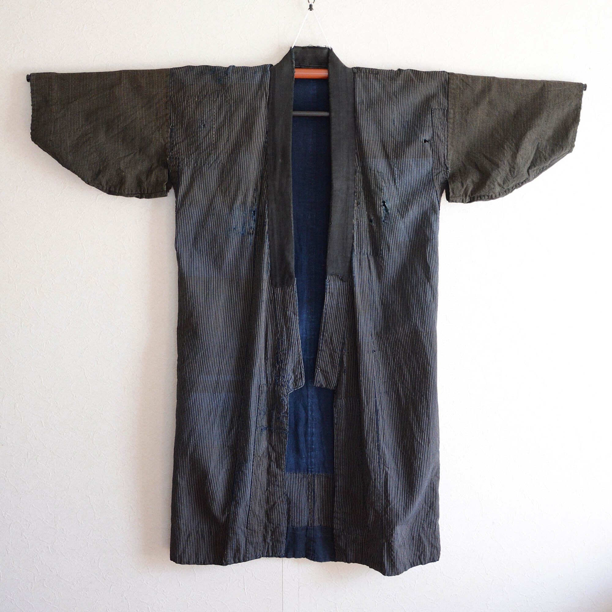 縞木綿、藍染、ワンピース、古布リメイク （新品】saya手作り～古布藍 