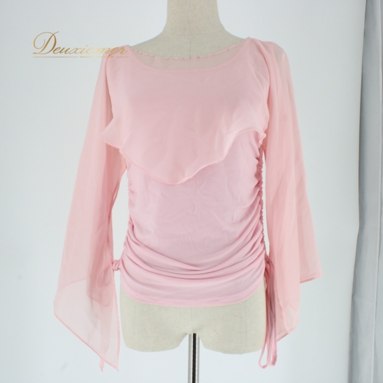 社交ダンス 衣装 スタンダード トップス レッスンウェア レディース Create-Sun クリエイトサン ピンク系 ラインストーン 無地 練習着 春色 伸縮性 練習用 女性用 トップス おしゃれ ダンスウェア コスチューム ストレッチ ルームウェア ラウンドネック ベーシック 体型カバー 袖あり デザイン性 パーティー用 発表会用