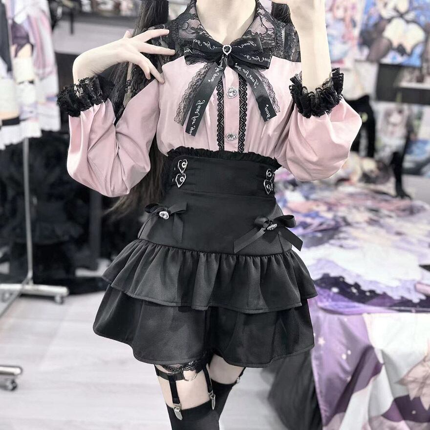 長袖ブラウス リボン ミニスカート フリルゴスロリ セットアップ