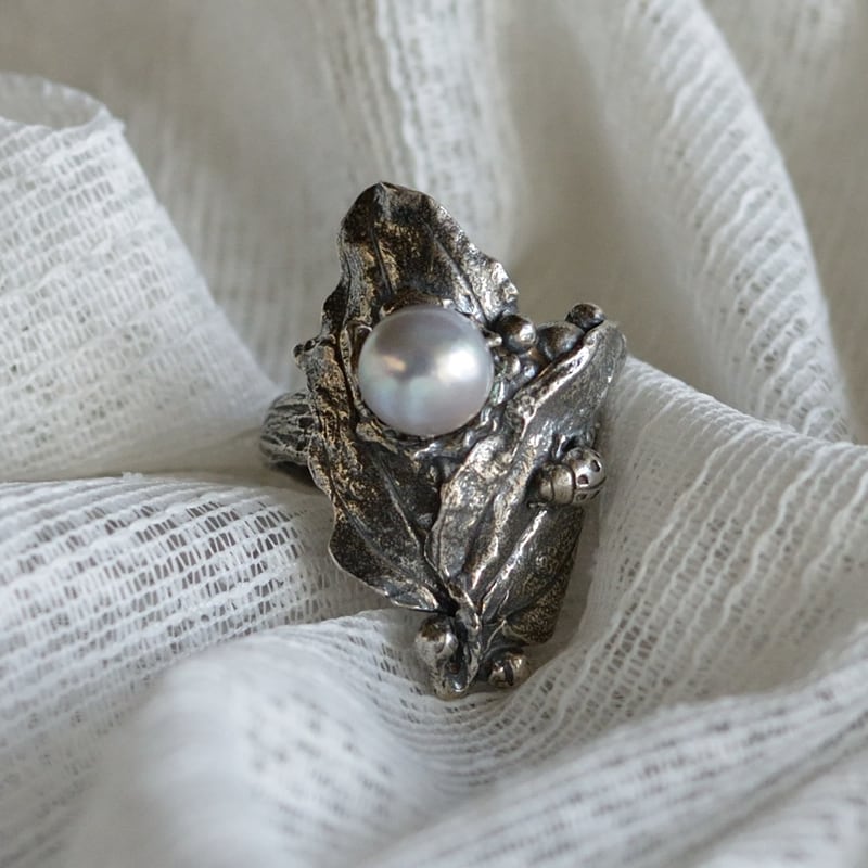 大珠ナチュラルブルー アンティーク調の指輪フリーサイズ 【あこや真珠