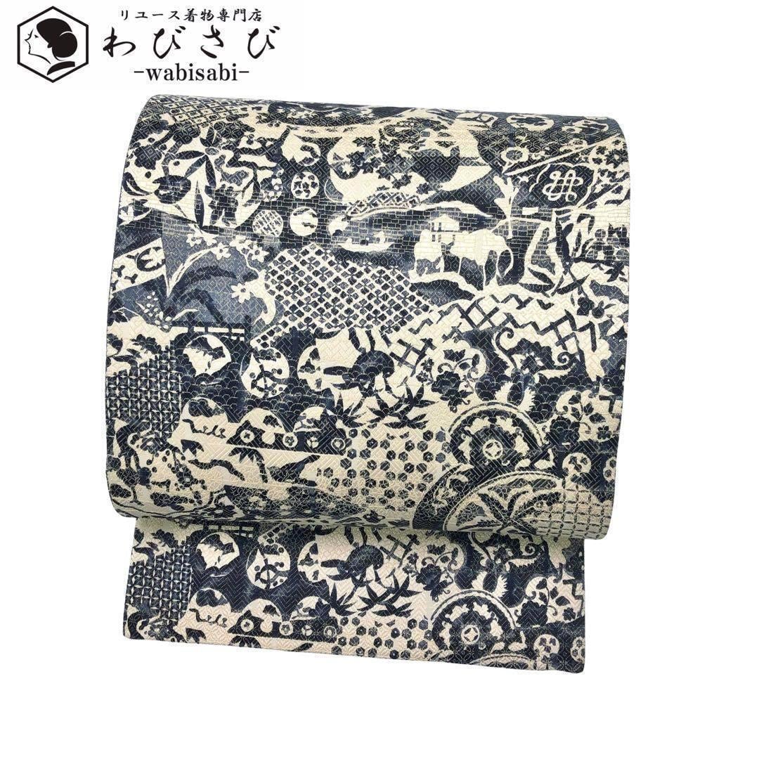 袋帯 リバーシブル 泥染 鳥花草模様 グラデーション 金通し O-3410  