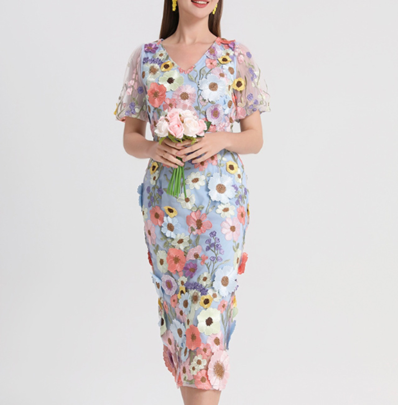 ブラッシュ・ペタル　フラワー五分袖ペンシルドレス　M25206