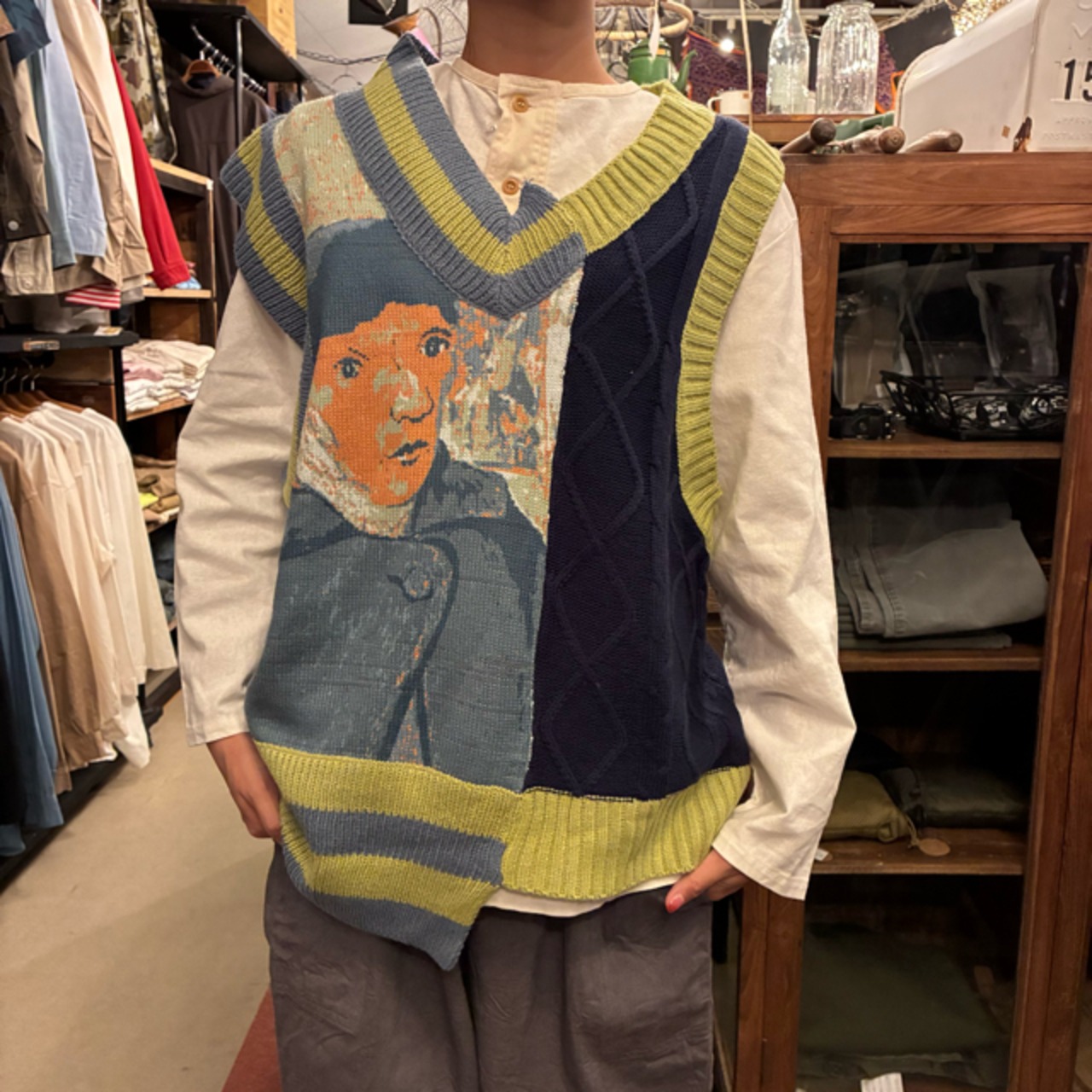 TOPANGA Lady's  Portrait  irregular knit vest　ポートレートイレギュラーニットベスト　グリーン　ゴッホ　羽織　アウター
