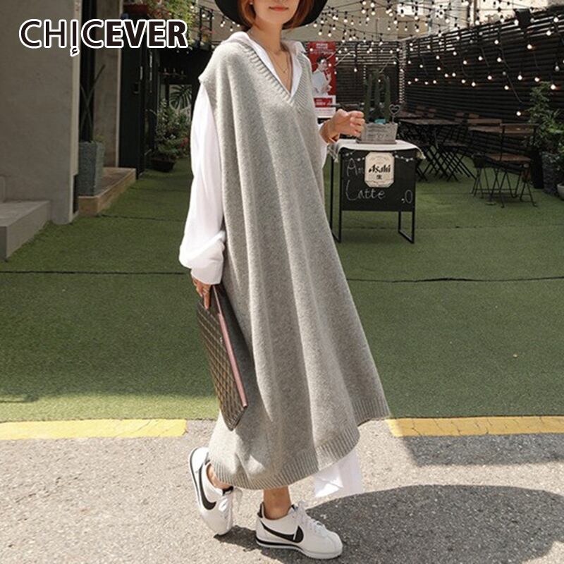 CHICEVERニットベストドレスレディースVネックノースリーブルーズオーバーサイズストレートヴィンテージグレードレス2020秋の服 オータム 秋物 ビンテージ 6base514377983511