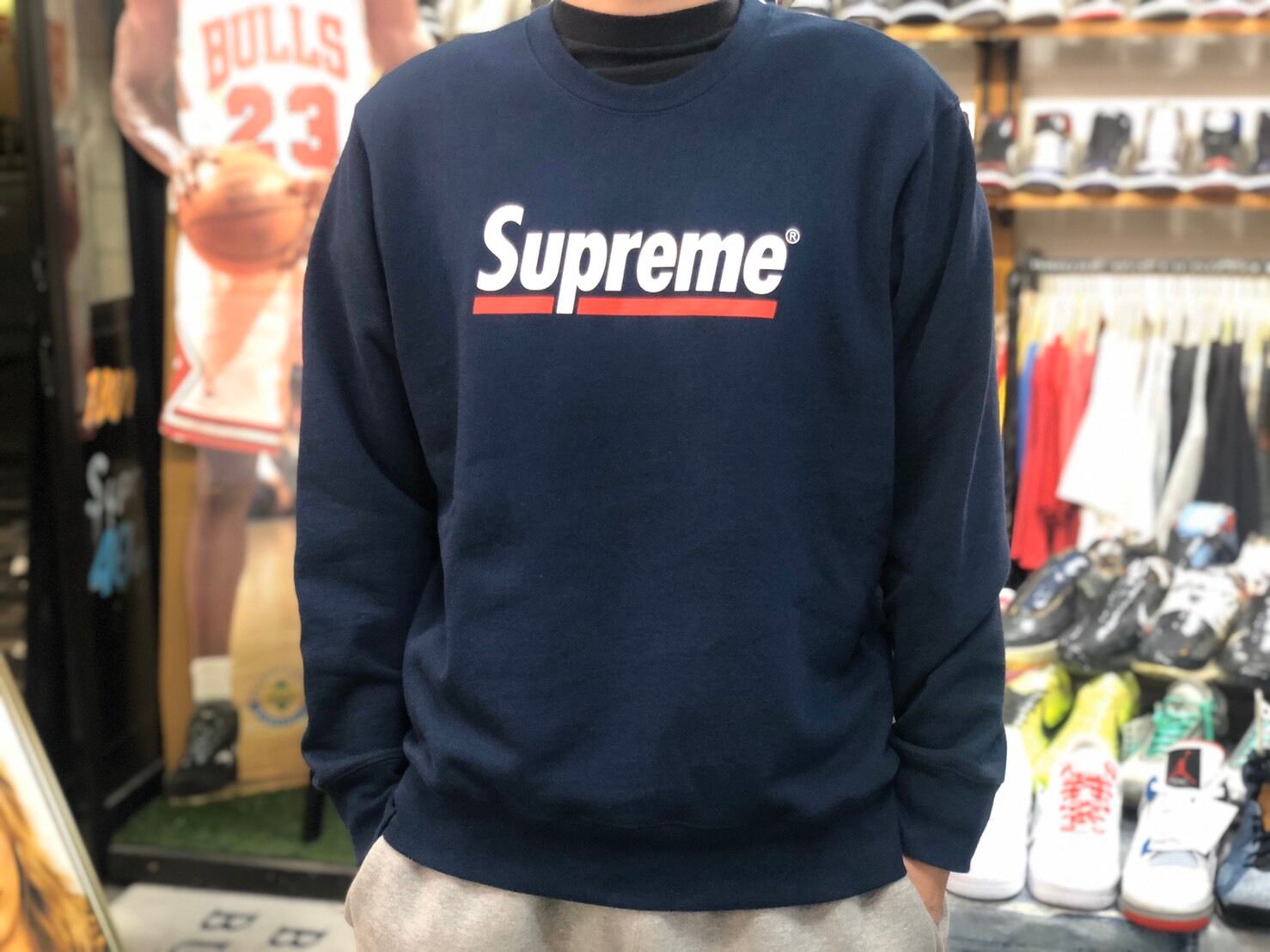 SUPREME UNDERLINE CREWNECK NAVY MEDIUM 5989 | BRAND BUYERS OSAKA 