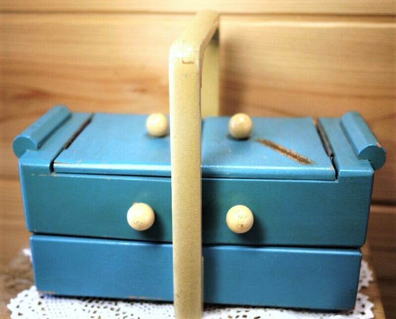 木製空色 裁縫箱 ソーイングボックス