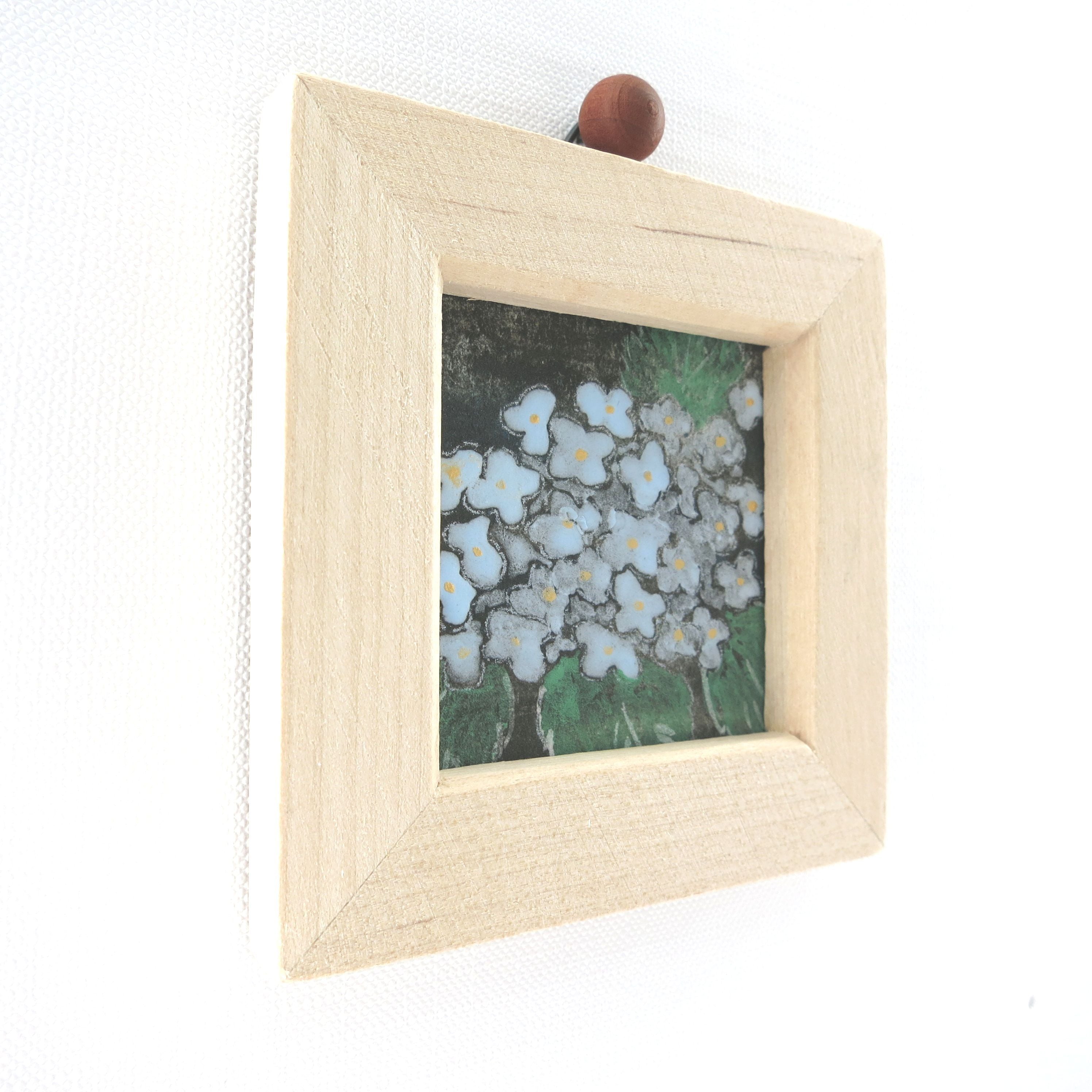 日本画原画】水色の紫陽花と雨 絵画 ミニ額付き ミニアートパネル