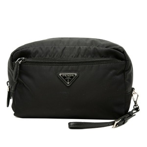 プラダ 三角ロゴプレート ポーチ 1NE393 ブラック ナイロン レザー レディース PRADA 【中古】
