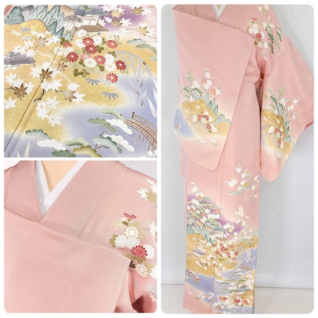 色無地＊袷着物 虹染め調 作家物 背紋落款有 まだらピンク 正絹 11SM3  