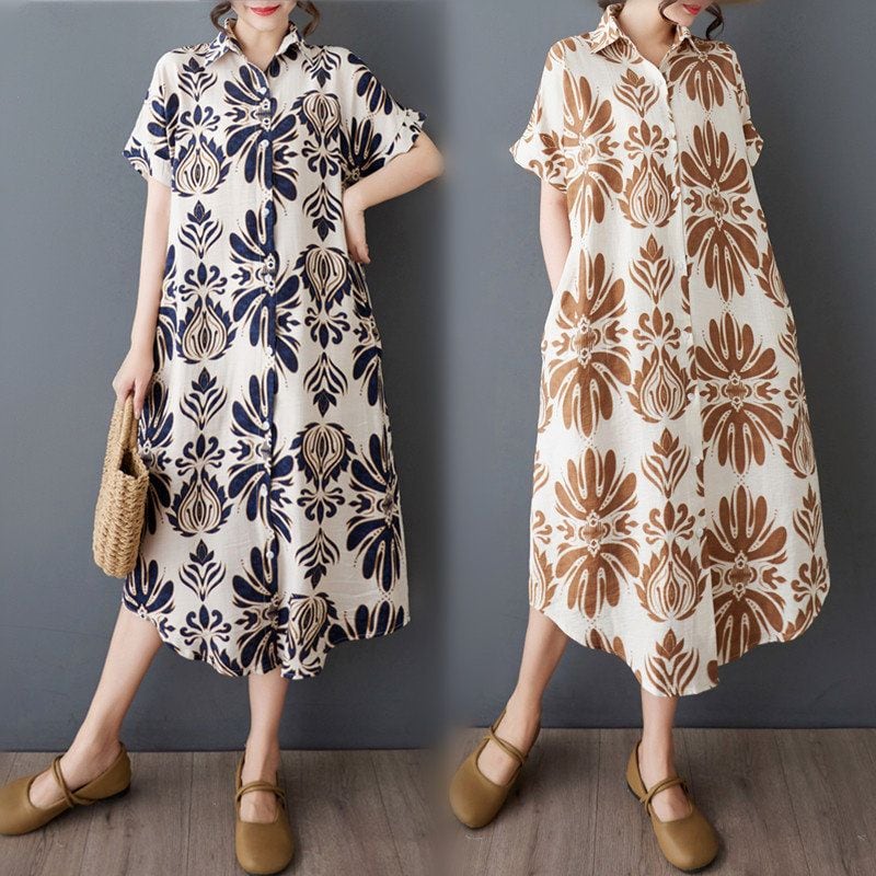 PRINT TURN DOWN COLLAR SHORT SLEEVE MIDI DRESS M-17693