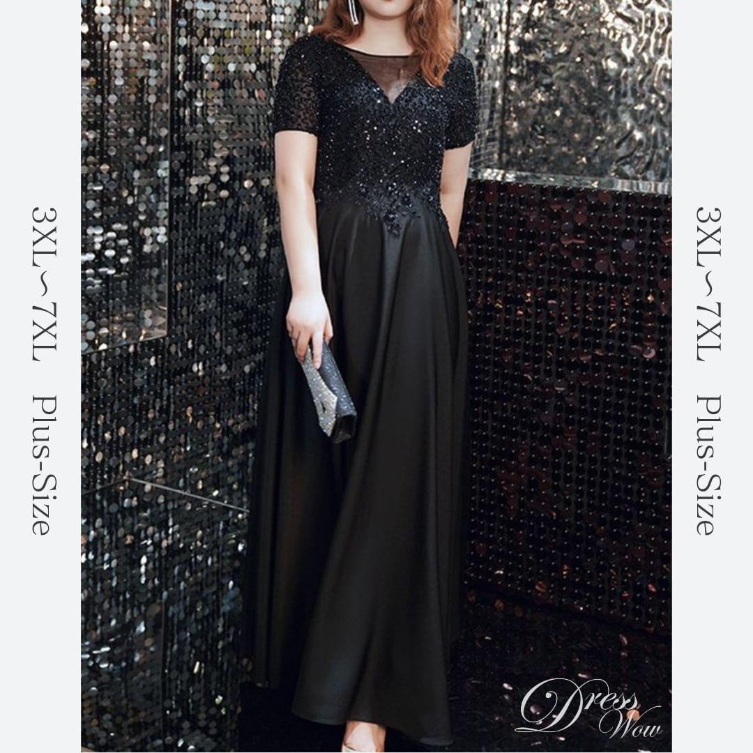【3XL〜7XL】スパンコール装飾シアーVネックドレス D1612