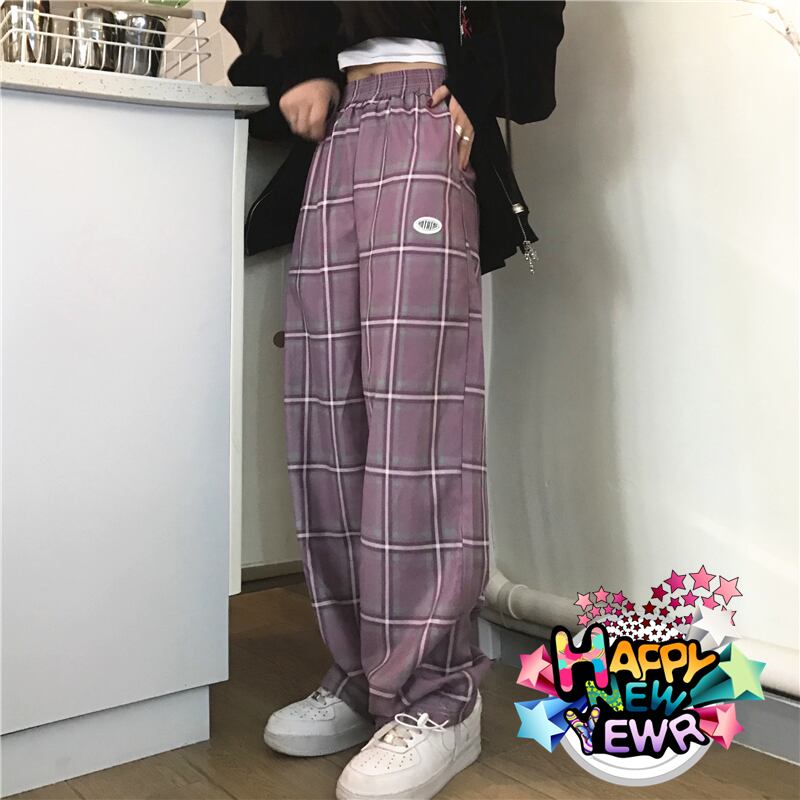 スプリング格子柄カジュアルパンツ レディースハイウェストウェストストレッチ エラスティック 伸縮 春物 ケッペル50162039462