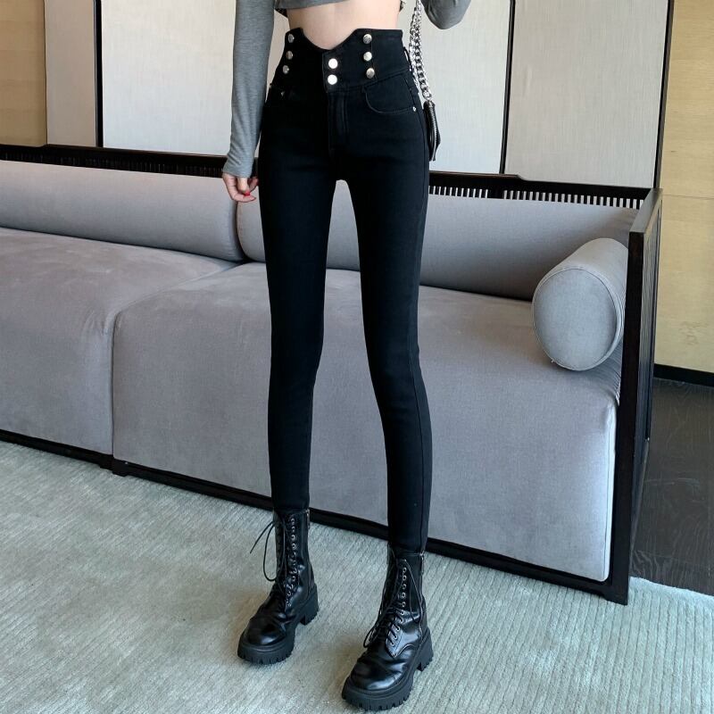 ジーンズ ウェストブラックパンツ スリム薄手 ドラファッションホール98567141105