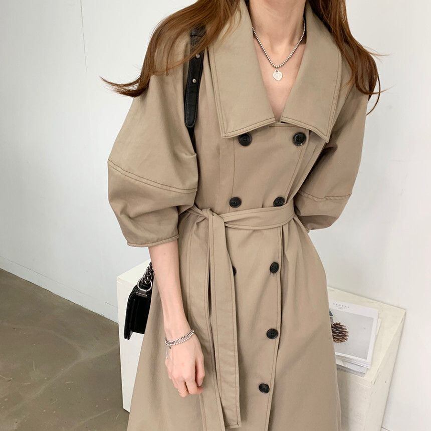 クリアランススペシャル-ウエストとスリムのミッドレングスウインドブレーカー女性半袖ラペルダブルブレストコート クレセントシティ79998333979