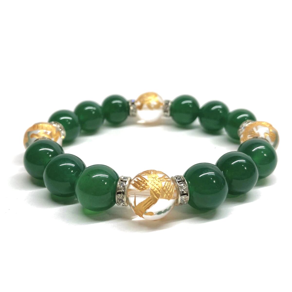12mm 四神獣金彫水晶×緑瑪瑙 パワーストーン ブレスレット天然石 運気