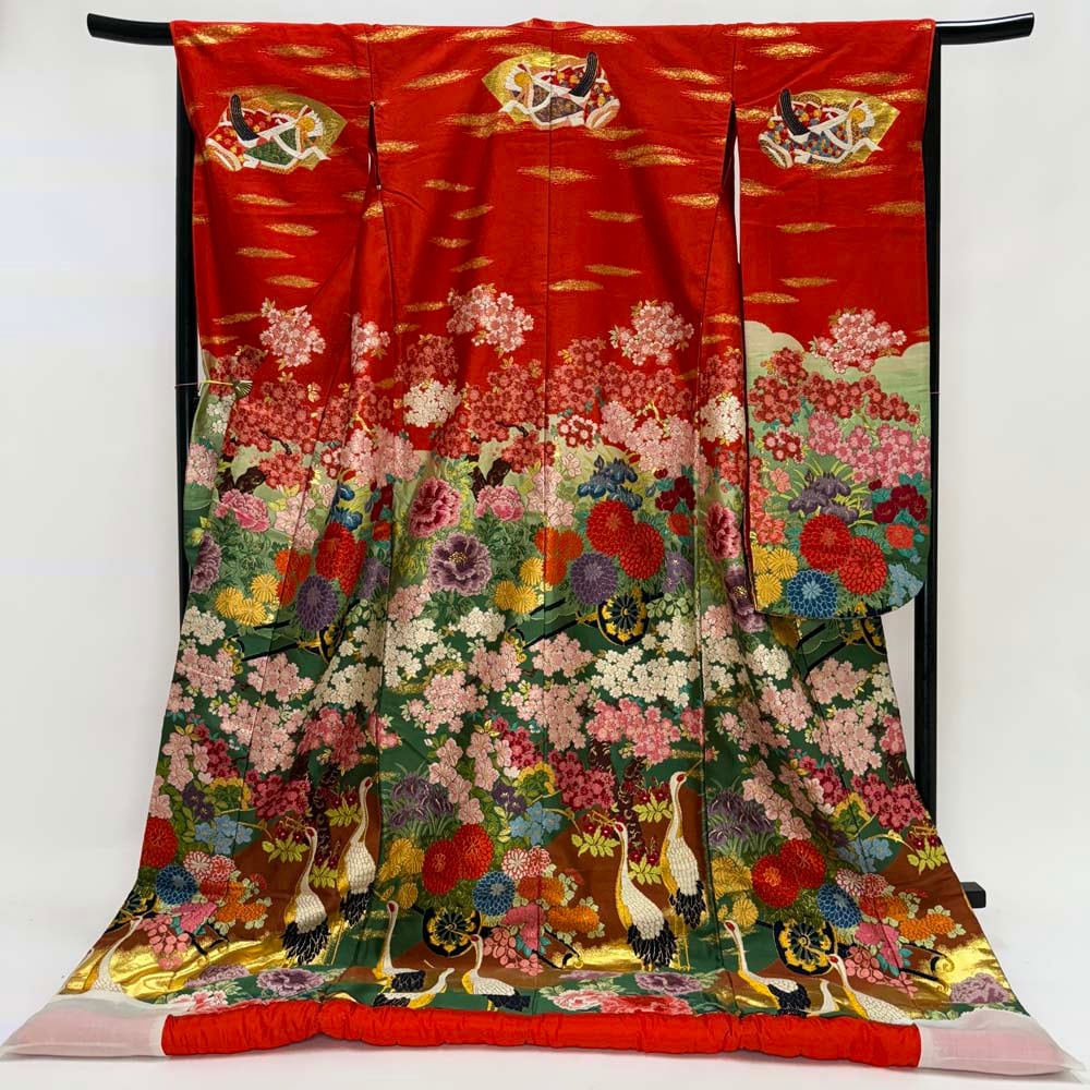 色打掛 正絹 鶴 刺繍 赤金 打掛 花嫁衣裳 婚礼 リサイクル 中古 ブライダル ウエディング 着物 4288