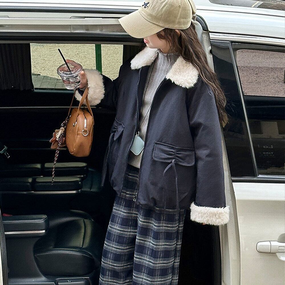 【送料無料】 子供服 女の子 アウター ファーカラー ジャケット 秋冬 韓国 防寒 保温 暖かい 小学生 おしゃれ カジュアル リボンポケット かわいい 大人可愛い 大人女子