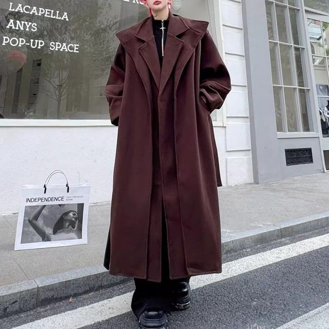 フェイクレイヤード ベルト付きビッグシルエットコート 2カラー D12092