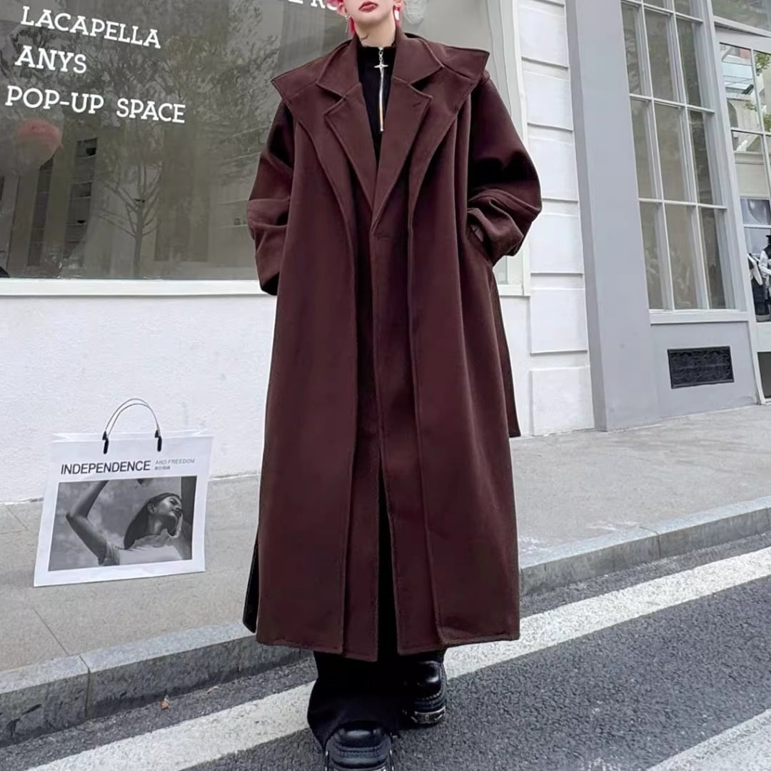 フェイクレイヤード ベルト付きビッグシルエットコート 2カラー D12092