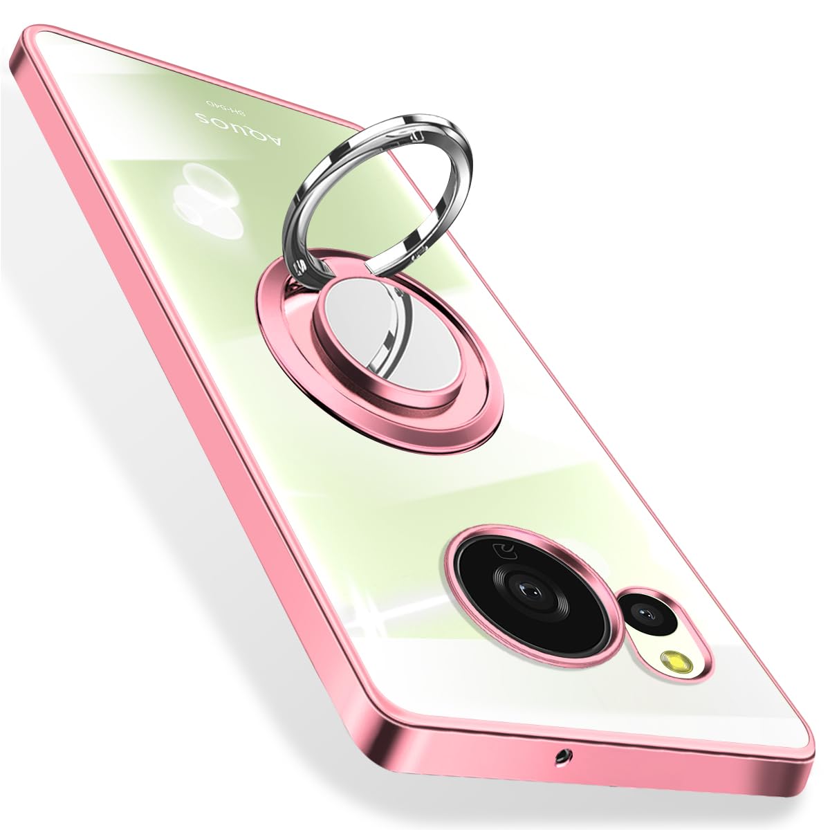 AQUOS sense8 ケース リング付き クリア SH-54D SHG11 カバー アクオス センス8 スマホケース 透明 TPU 耐衝撃 メッキ加工 薄型 スリム 傷つけ防止 スタンド機能 ローズゴールド