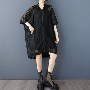 BLACK SEE-THROUGH STRIPE HOODED 3/4 SLEEVES FULLZIP JACKET 1color M-14212