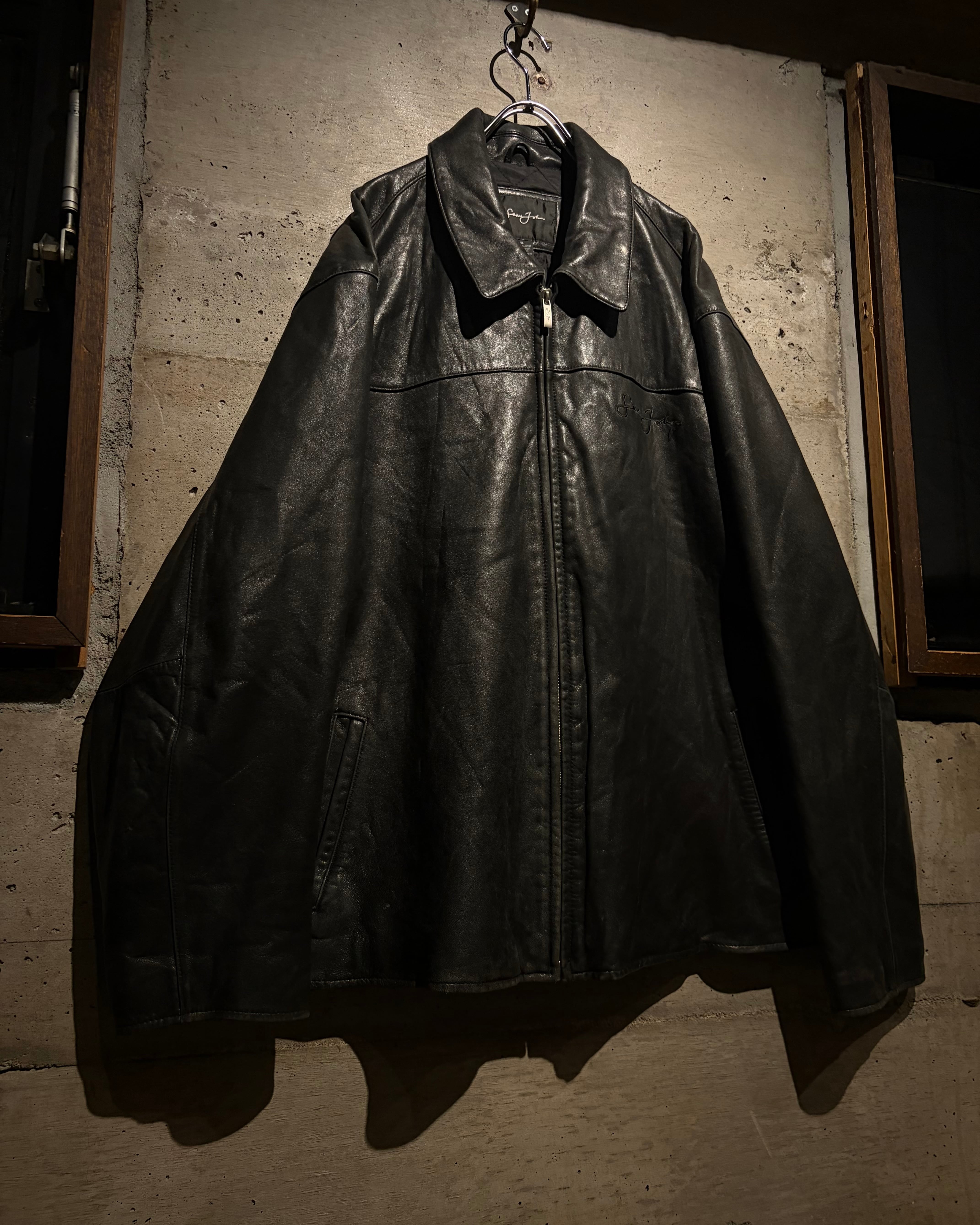 古玩唯心　上下巻セット Caka】“SEAN JOHN” Logo Embroidery Vintage Zip Up Leather Jacket
