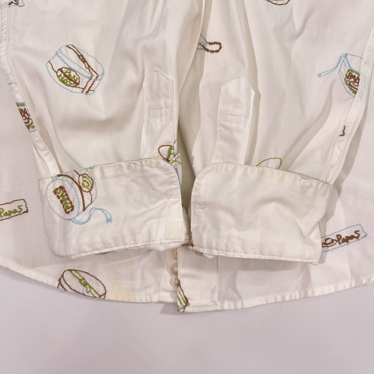 PAPAS パパス 刺繍デザイン 総柄 BD 長袖シャツ L/ホワイト