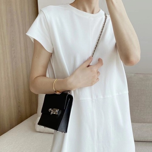 【ロングTシャツワンピース】フレンチスリーブ バックスリット クルーネック おしゃれ