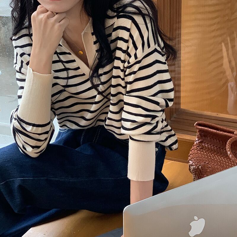 ストライプセーター オータムルーズ薄手ジャケット ロング 秋物 モンロー10761899481