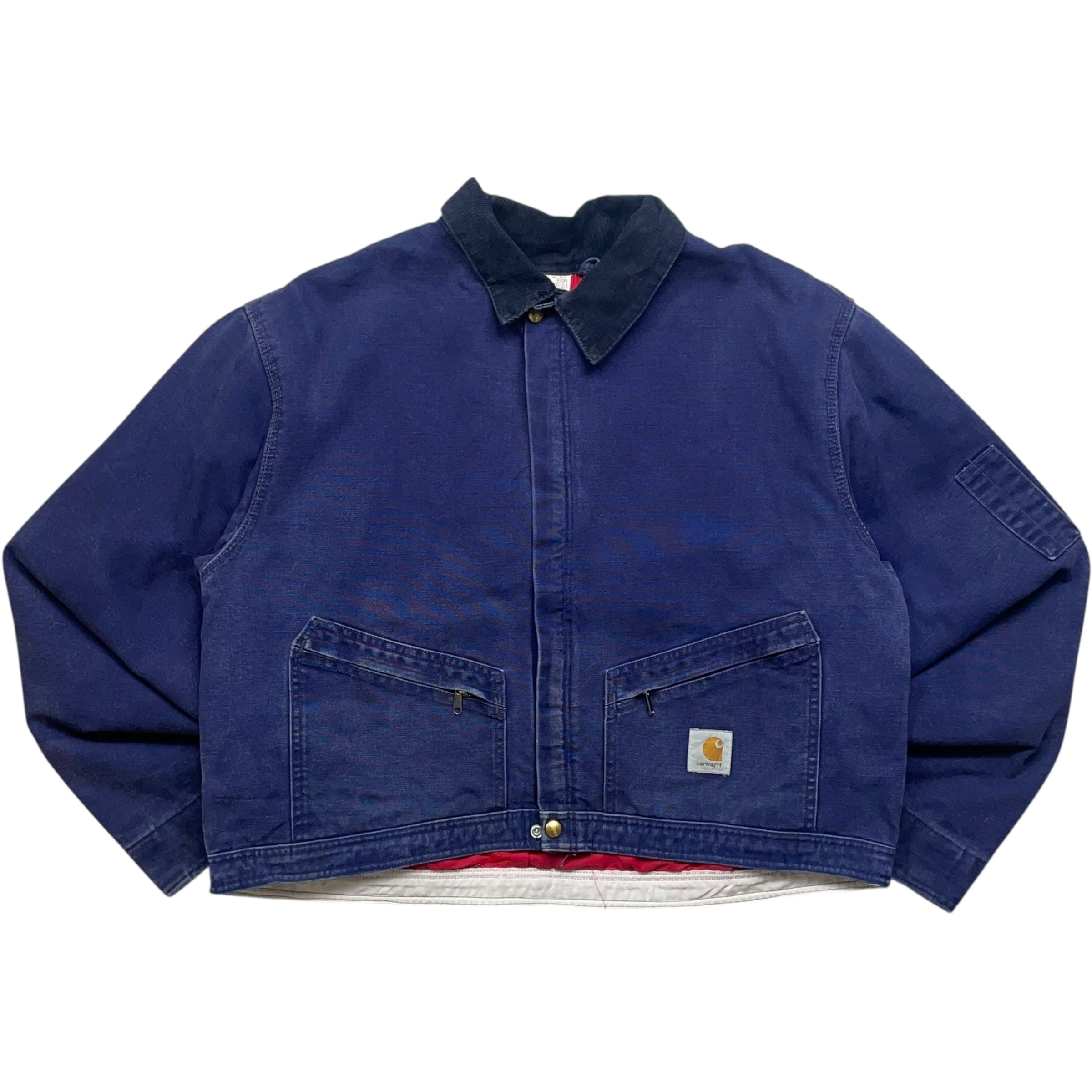 《XXL》Carhartt カーハート ダックジャケット 襟コーデュロイ 裏地キルティング ネイビー USA製 80年代 vintage no.8757