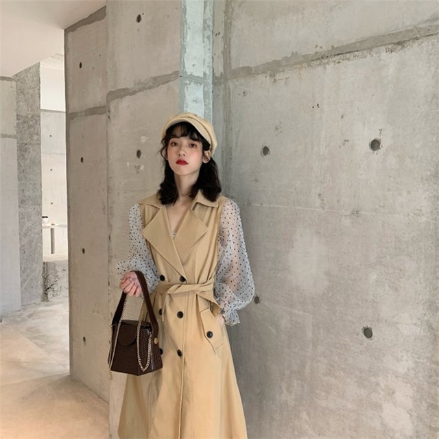 華やか新品入荷 韓国ファッション フレンチ ドット ランタンスリーブ レーヨン 縫付 トレンチコート
