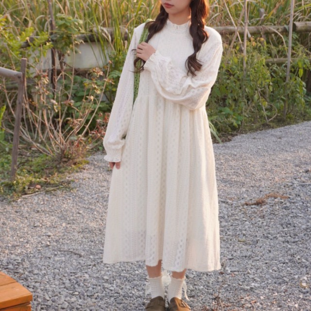 ハーフレースカラー裏起毛ベースワンピース W1636