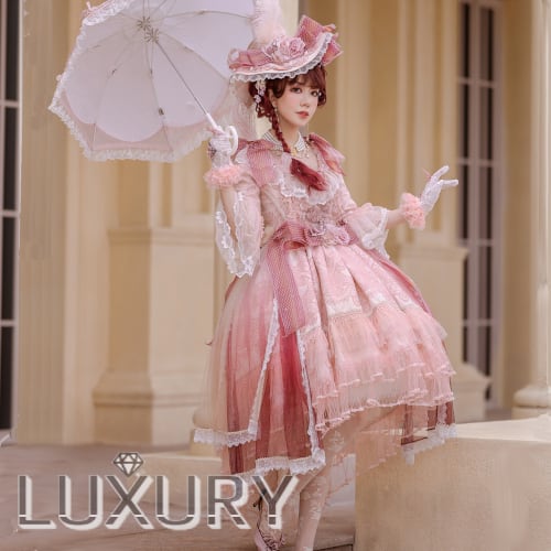 ロリータ ドレス＋帽子セット 通年 ピンク フレア ミディアム 七分袖