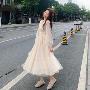 【韓国通販 dgo】v-neck mesh skirt one-piece dress（A0644）