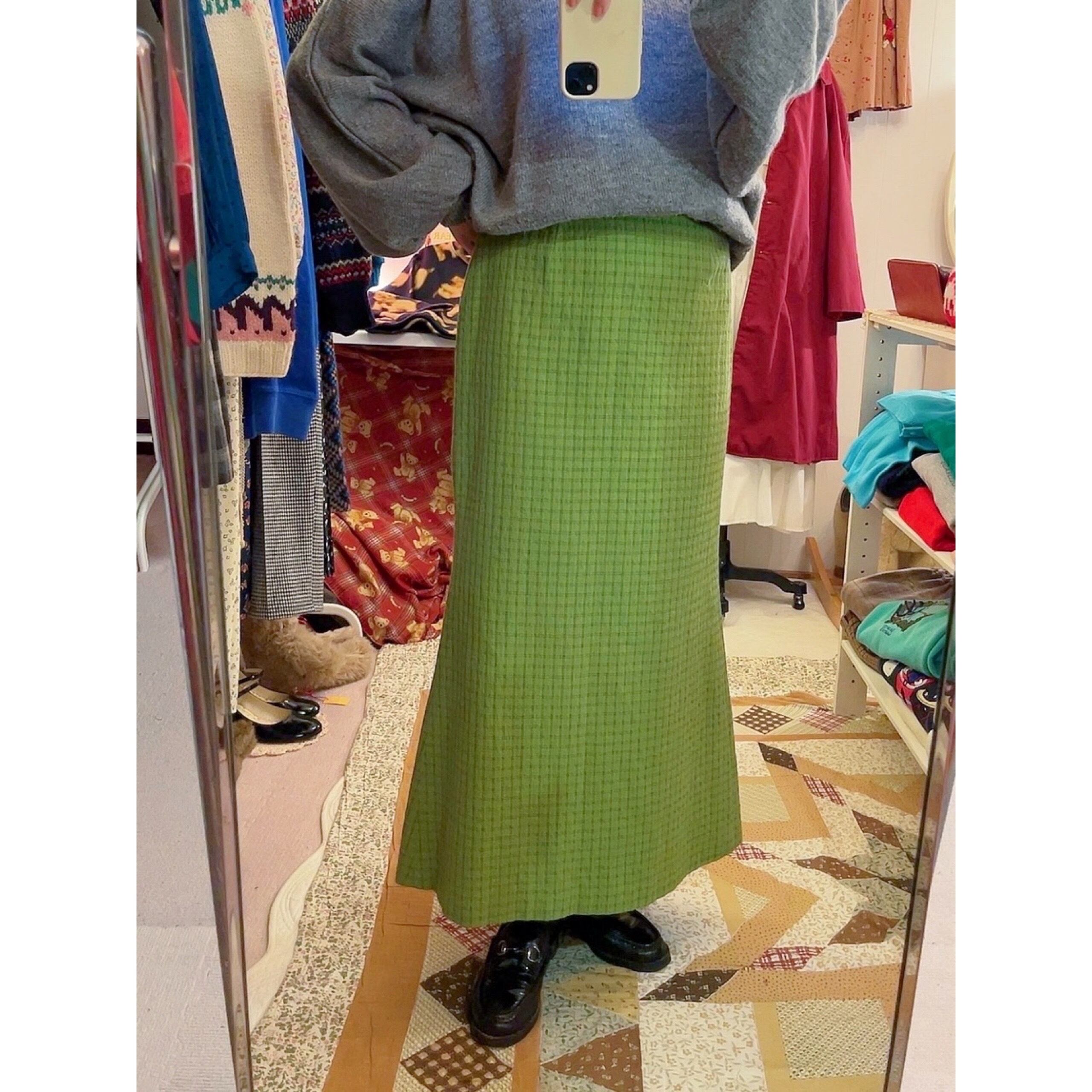 light green check long skirt