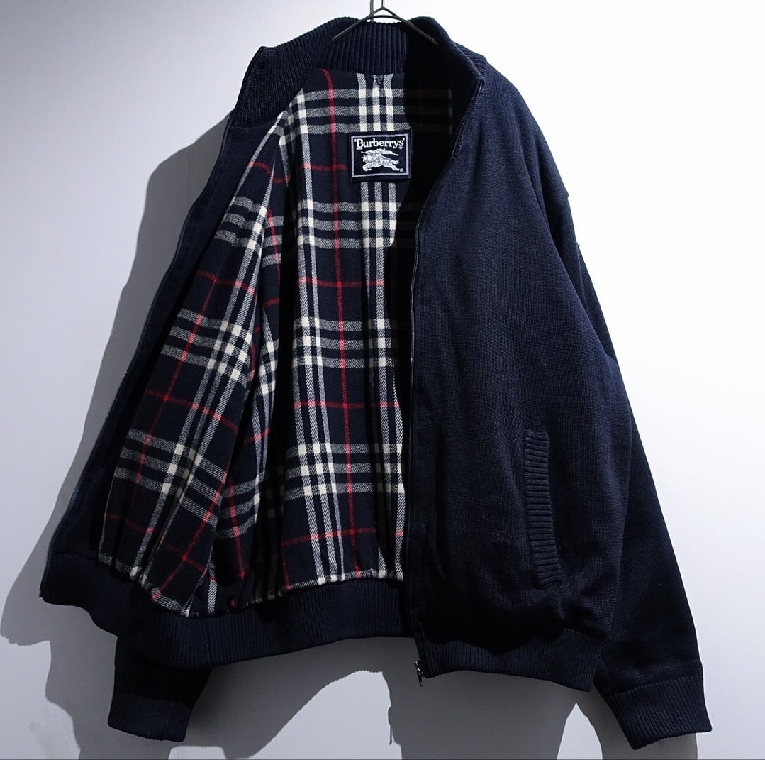 90s "Burberry" Navy Logo Nova Check Design Zip Knit Blouson