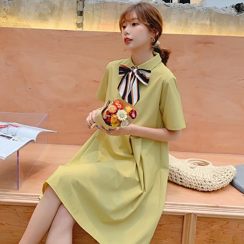 【新作】【送料無料】 マタニティウェア2020夏の新しいファッションボウタイルーズドレス、トレンディな母親の年齢削減プラスサイズのマタニティドレス-アリババ リボン 大きめサイズ サマー 夏物 expec285004982837