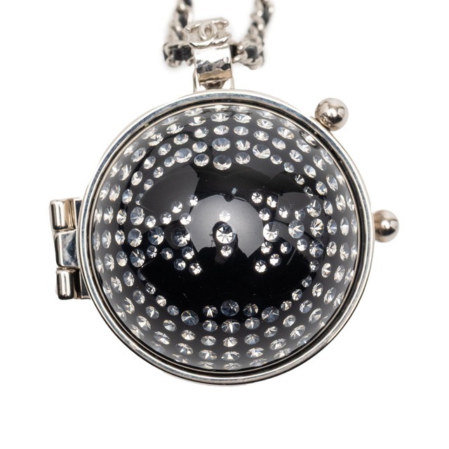 シャネル ココマーク ラインストーン ミラー ネックレス シルバー ブラック メタル レザー レディース CHANEL 【中古】