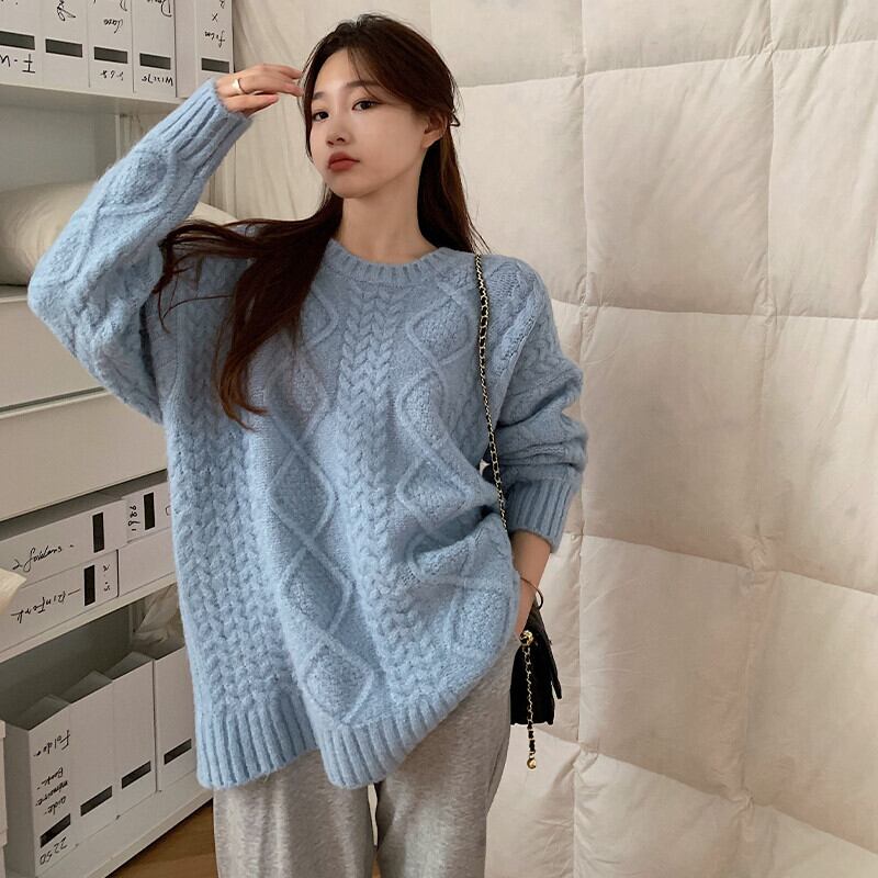 ラウンドネックセーター オータムウィンタールーズプルオーバー ブルートップス ロング 大人ガーリー スウィート キュート カジュアル 秋物 冬物 Oネック ガールズファッション69695633309