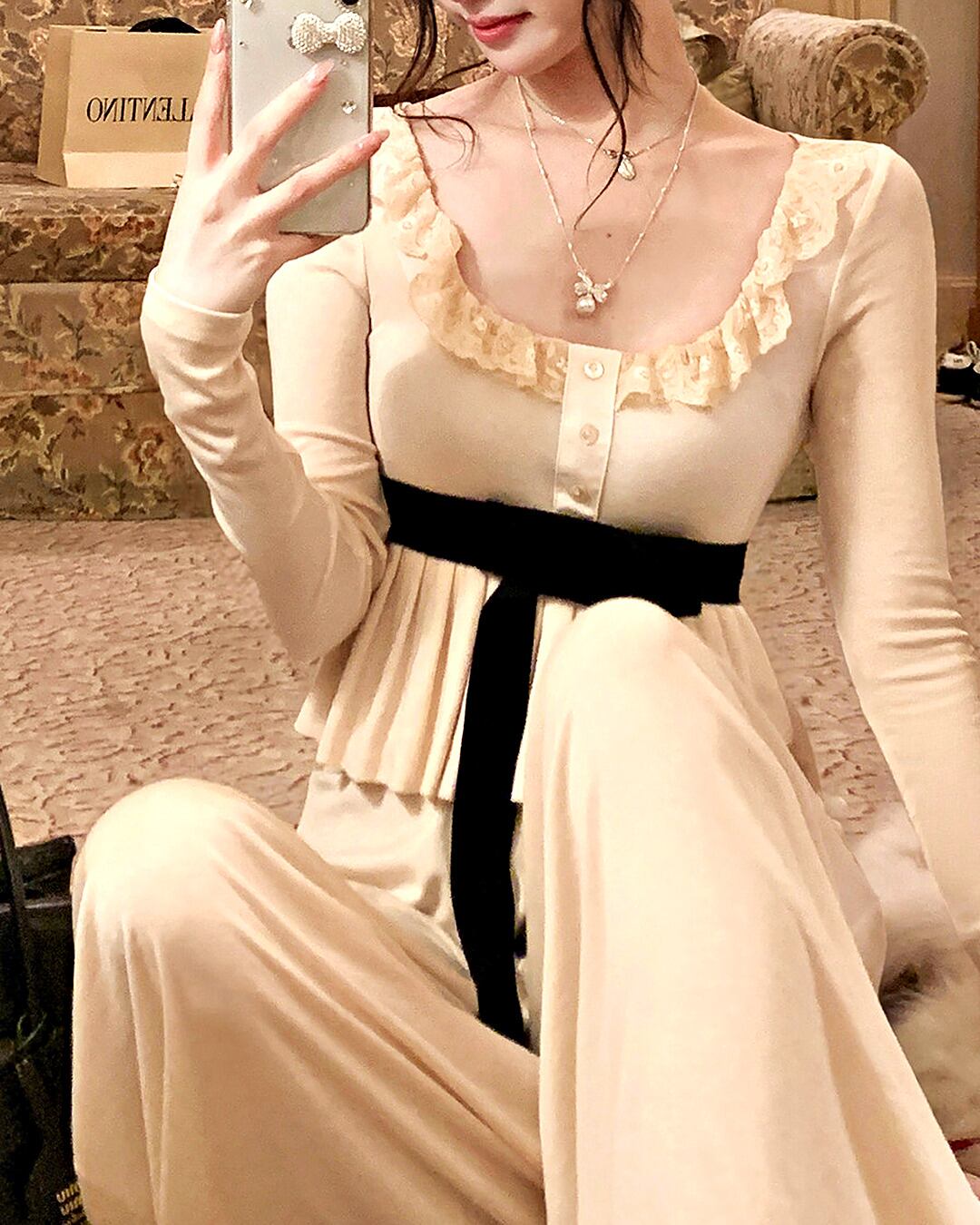 レースフリルリボンベルトペプラムトップス&ワイドパンツ セットアップ(2 colors)