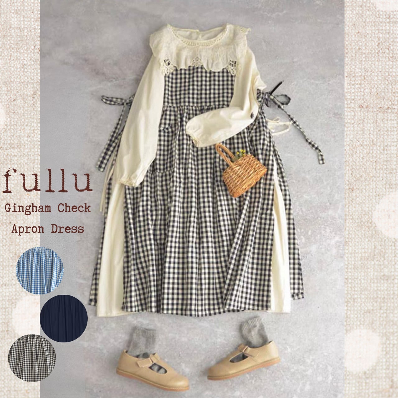 サイドリボンギャザーエプロンワンピース fu0959